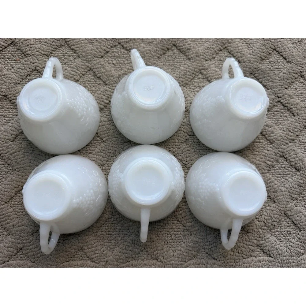 6 White Punch Cups Anchor Hocking Milk Glass Grape Pattern